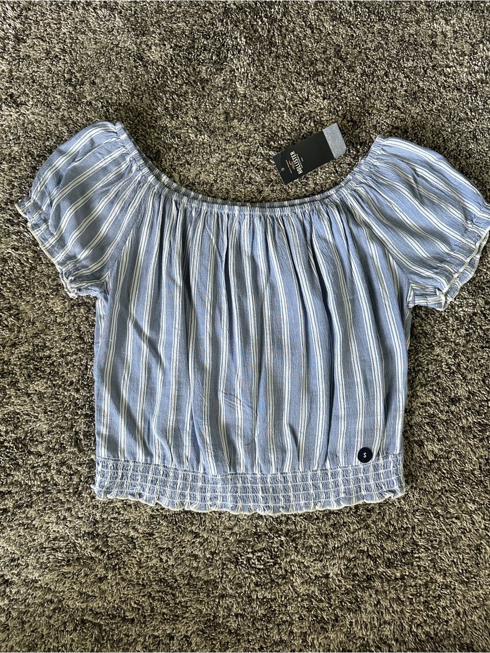Hollister Light Blue & White Striped Off-Shoulder Crop Top